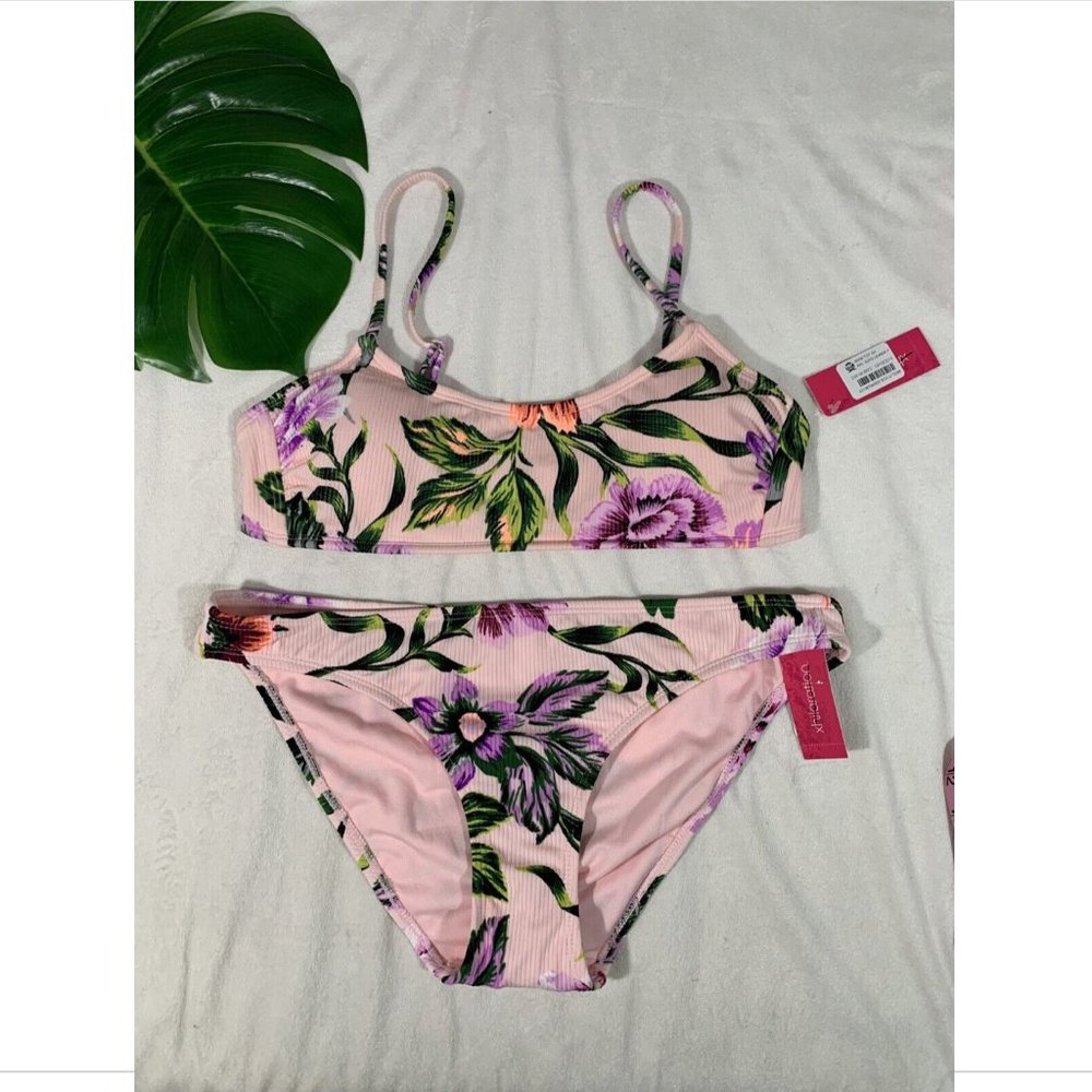 NWT Xhilaration Floral Ribbed Texture Bralette Top +‎ Bikini Bottom [ XL ]